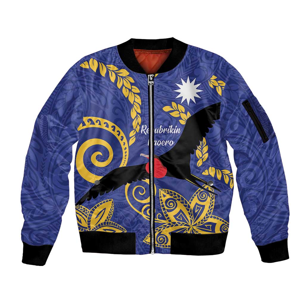 Nauru Angam Day Sleeve Zip Bomber Jacket Naoero Frigate Bird Polynesian Pattern LT14 Unisex Blue - Polynesian Pride