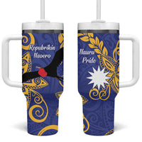 Nauru Angam Day Tumbler With Handle Naoero Frigate Bird Polynesian Pattern LT14 One Size: 40 oz Blue - Polynesian Pride