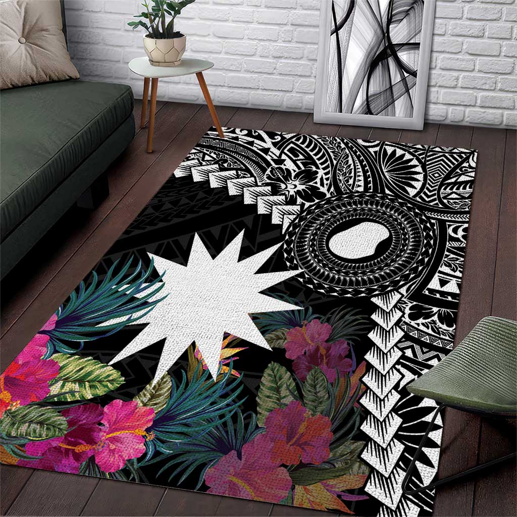 Black Nauru Area Rug Naoero Map With Polynesian Tropical Flowers LT14 Black - Polynesian Pride