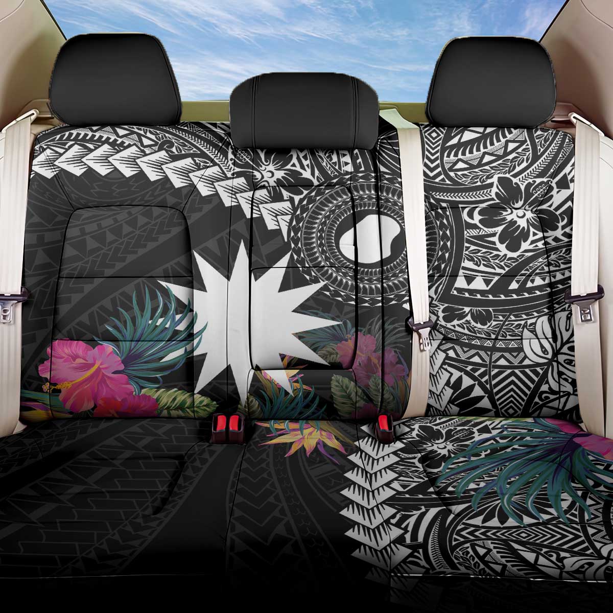 Black Nauru Back Car Seat Cover Naoero Map With Polynesian Tropical Flowers LT14 One Size Black - Polynesian Pride