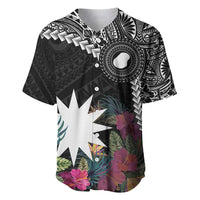 Black Nauru Baseball Jersey Naoero Map With Polynesian Tropical Flowers LT14 Black - Polynesian Pride