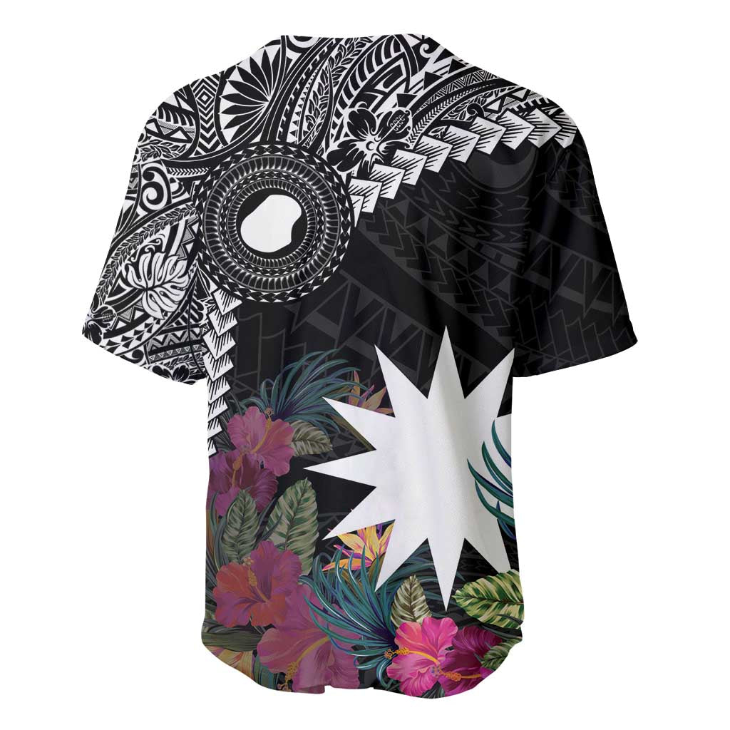 Black Nauru Baseball Jersey Naoero Map With Polynesian Tropical Flowers LT14 - Polynesian Pride