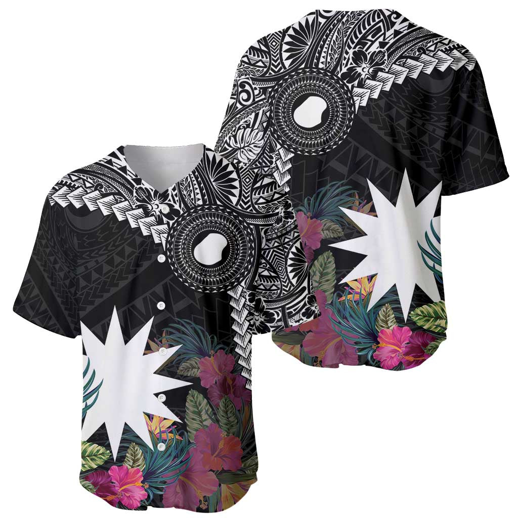 Black Nauru Baseball Jersey Naoero Map With Polynesian Tropical Flowers LT14 - Polynesian Pride