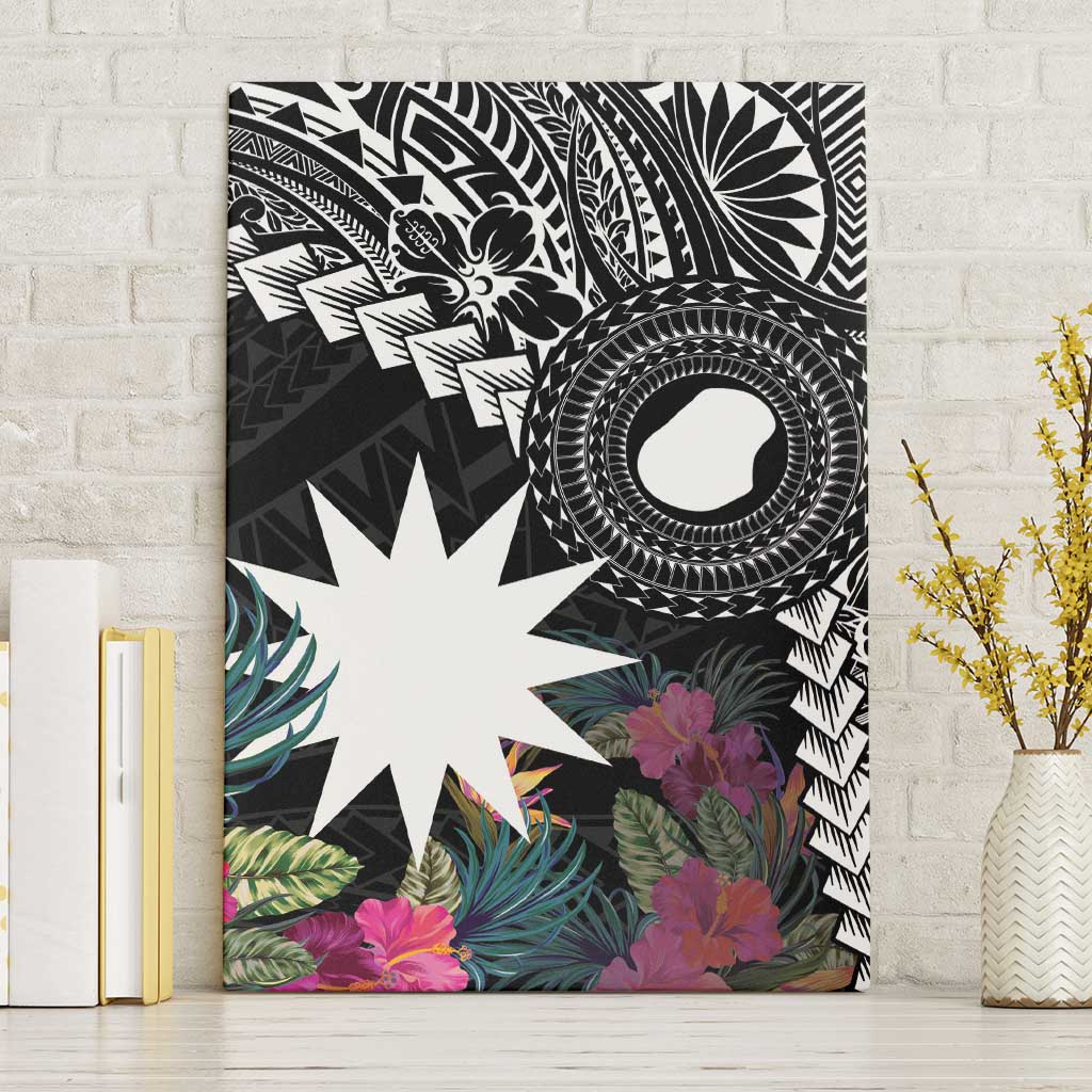 Black Nauru Canvas Wall Art Naoero Map With Polynesian Tropical Flowers LT14 Without Frame Black - Polynesian Pride