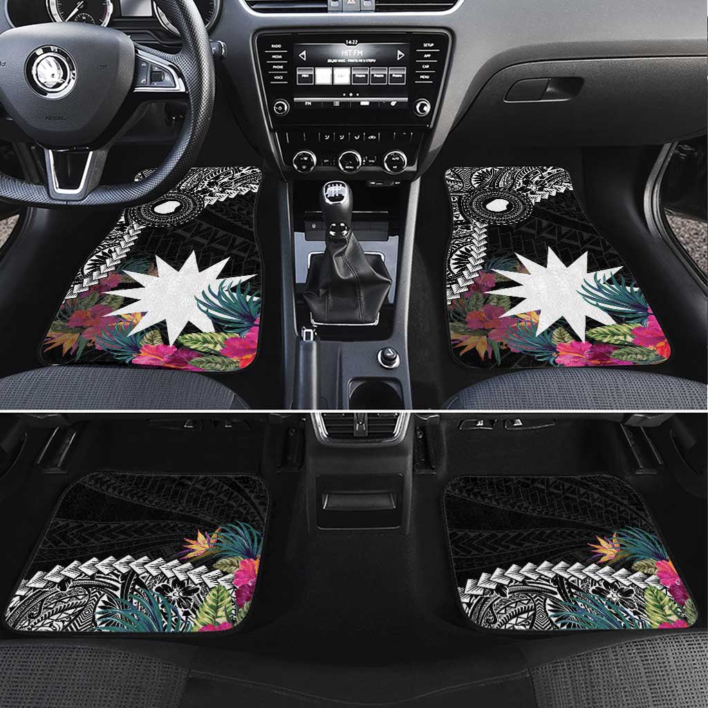 Black Nauru Car Mats Naoero Map With Polynesian Tropical Flowers LT14 Set 4pcs Black - Polynesian Pride