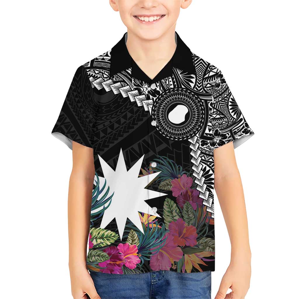 Black Nauru Hawaiian Shirt Naoero Map With Polynesian Tropical Flowers LT14 - Polynesian Pride