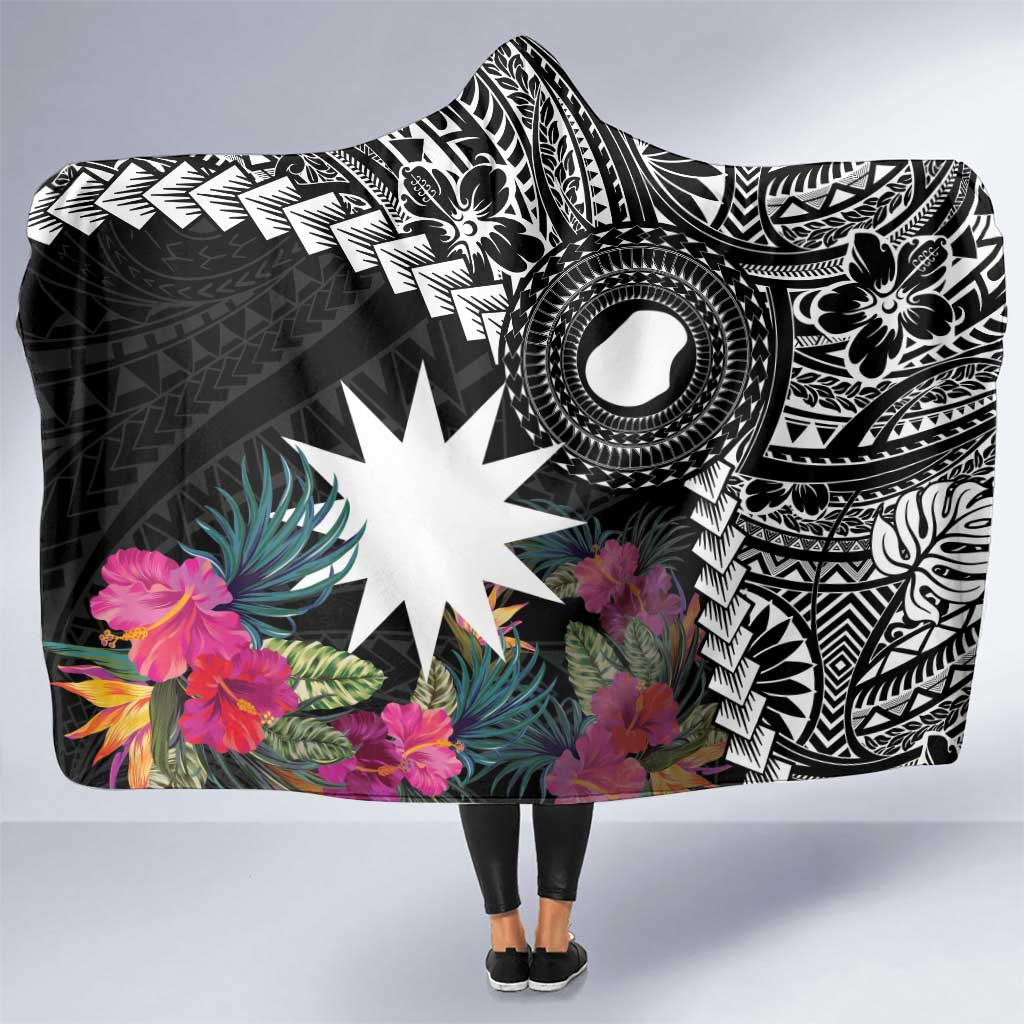 Black Nauru Hooded Blanket Naoero Map With Polynesian Tropical Flowers LT14 One Size Black - Polynesian Pride