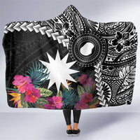 Black Nauru Hooded Blanket Naoero Map With Polynesian Tropical Flowers LT14 One Size Black - Polynesian Pride