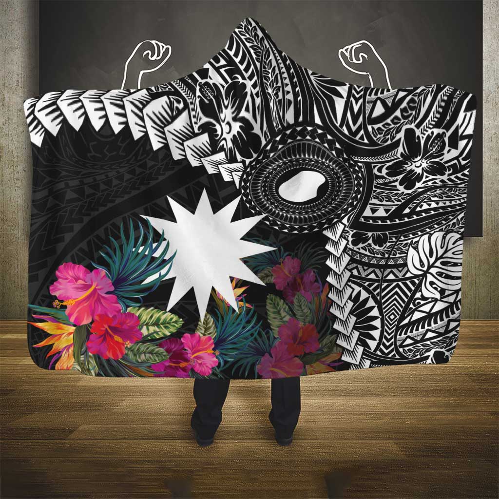 Black Nauru Hooded Blanket Naoero Map With Polynesian Tropical Flowers LT14 - Polynesian Pride
