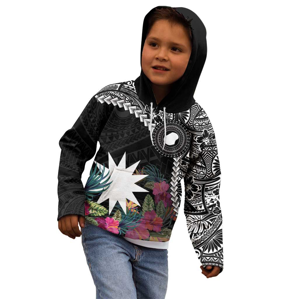 Black Nauru Kid Hoodie Naoero Map With Polynesian Tropical Flowers LT14 - Polynesian Pride
