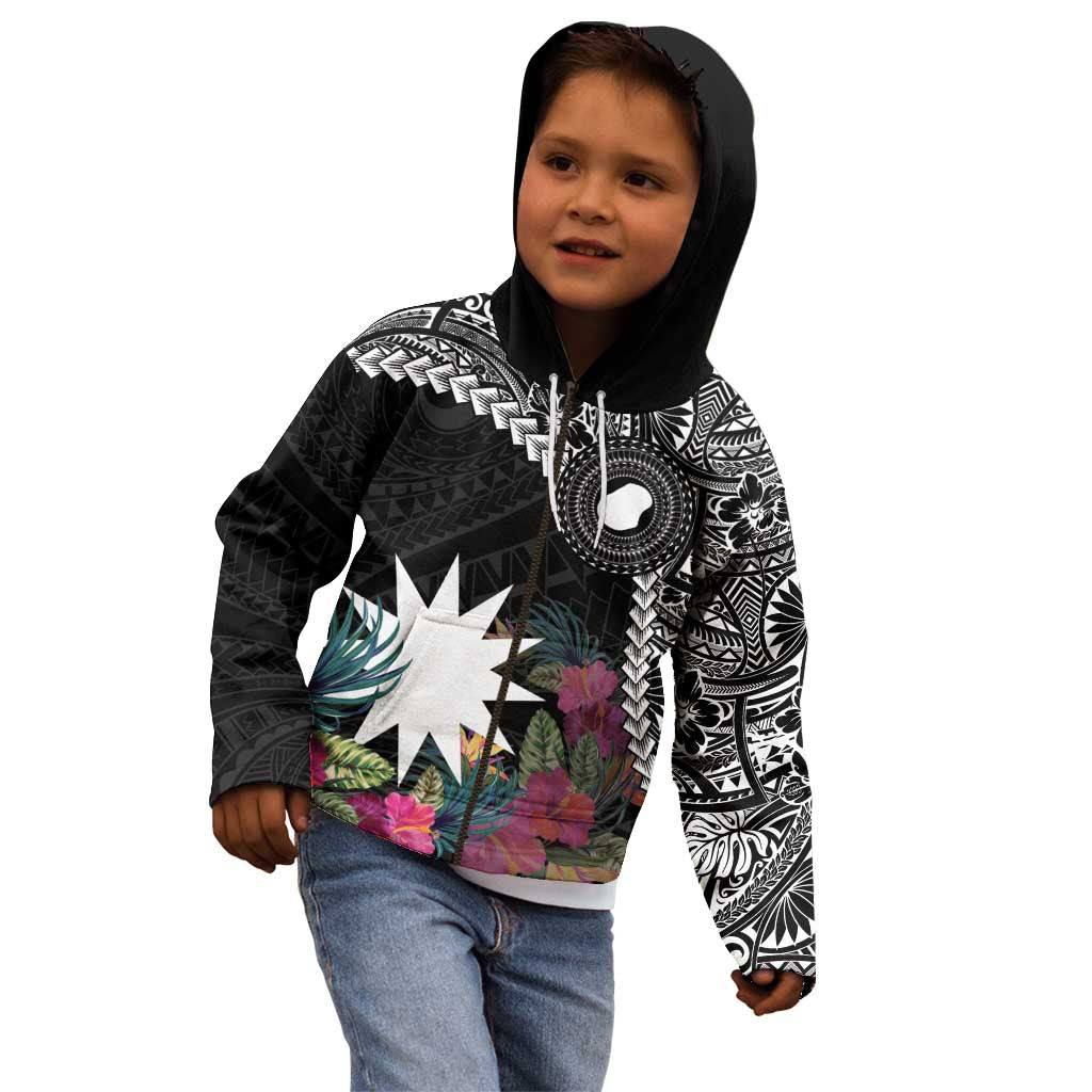 Black Nauru Kid Hoodie Naoero Map With Polynesian Tropical Flowers LT14 - Polynesian Pride