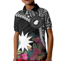 Black Nauru Kid Polo Shirt Naoero Map With Polynesian Tropical Flowers LT14 Kid Black - Polynesian Pride