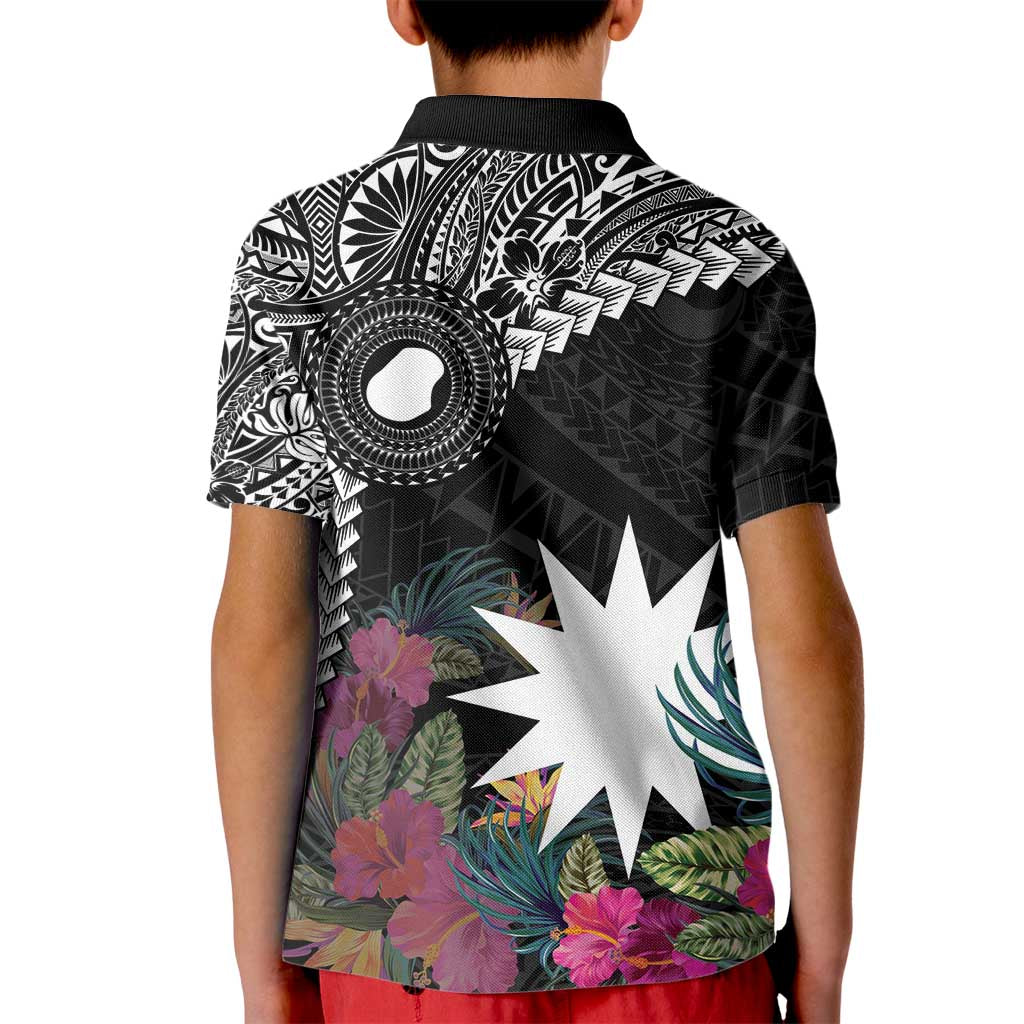 Black Nauru Kid Polo Shirt Naoero Map With Polynesian Tropical Flowers LT14 - Polynesian Pride