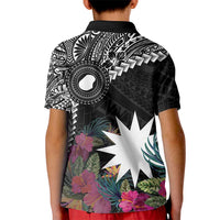 Black Nauru Kid Polo Shirt Naoero Map With Polynesian Tropical Flowers LT14 - Polynesian Pride