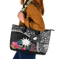 Black Nauru Leather Tote Bag Naoero Map With Polynesian Tropical Flowers LT14 Black - Polynesian Pride