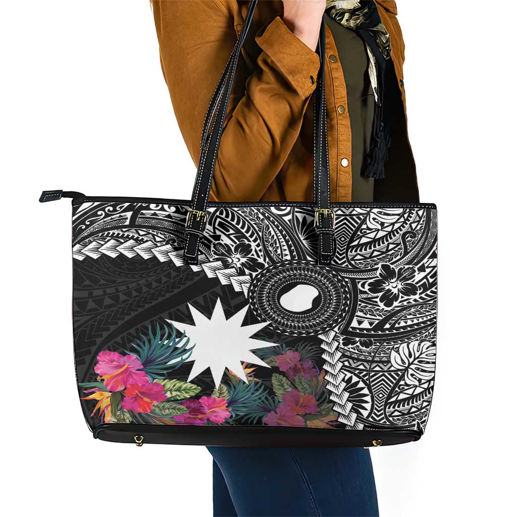 Black Nauru Leather Tote Bag Naoero Map With Polynesian Tropical Flowers LT14 - Polynesian Pride