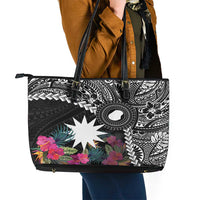 Black Nauru Leather Tote Bag Naoero Map With Polynesian Tropical Flowers LT14 - Polynesian Pride