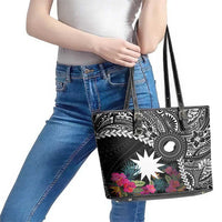 Black Nauru Leather Tote Bag Naoero Map With Polynesian Tropical Flowers LT14 - Polynesian Pride