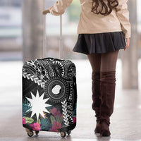 Black Nauru Luggage Cover Naoero Map With Polynesian Tropical Flowers LT14 - Polynesian Pride