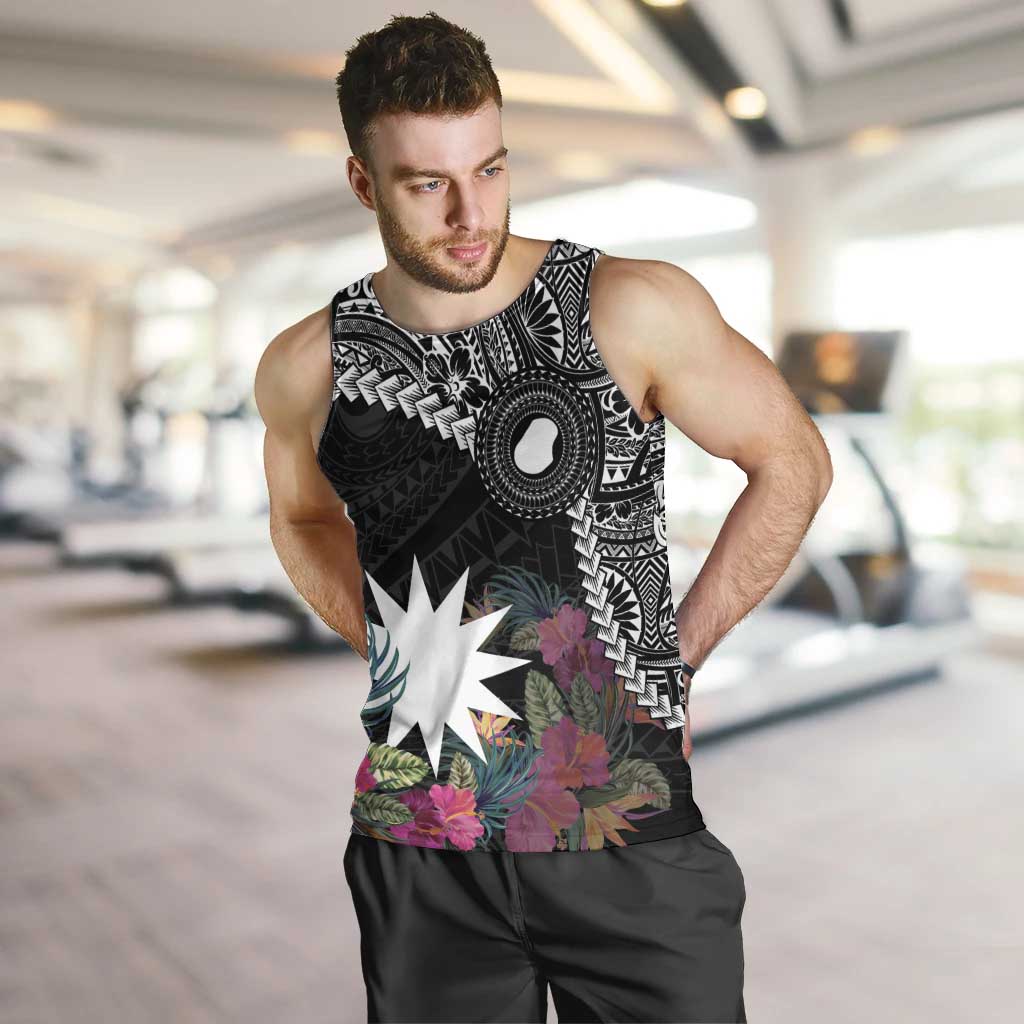Black Nauru Men Tank Top Naoero Map With Polynesian Tropical Flowers LT14 Black - Polynesian Pride