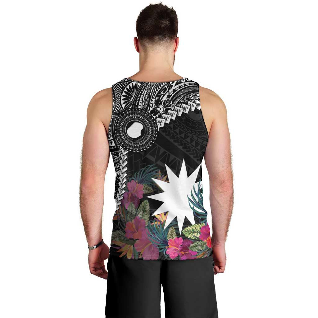 Black Nauru Men Tank Top Naoero Map With Polynesian Tropical Flowers LT14 - Polynesian Pride