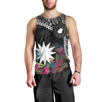 Black Nauru Men Tank Top Naoero Map With Polynesian Tropical Flowers LT14 - Polynesian Pride