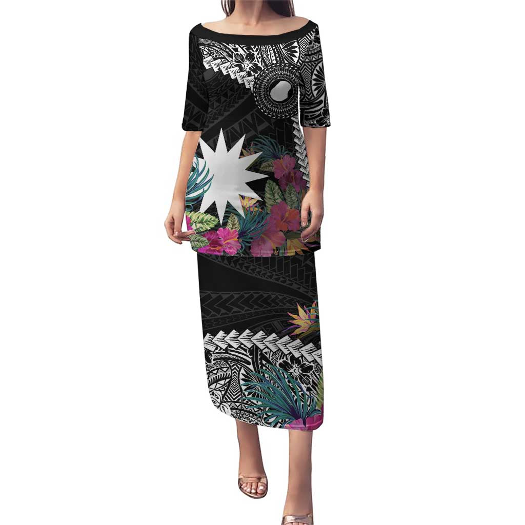 Black Nauru Puletasi Naoero Map With Polynesian Tropical Flowers LT14 Long Dress Black - Polynesian Pride