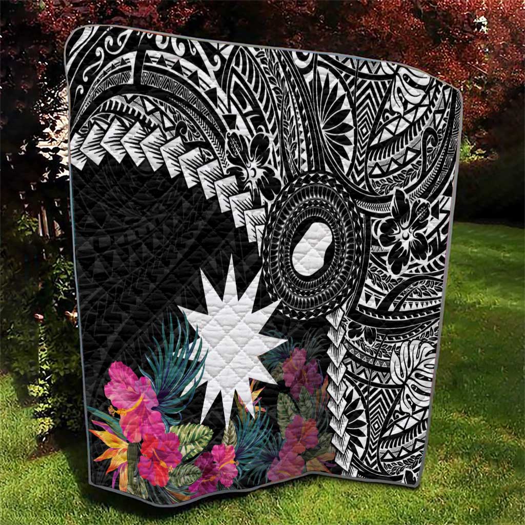 Black Nauru Quilt Naoero Map With Polynesian Tropical Flowers LT14 - Polynesian Pride