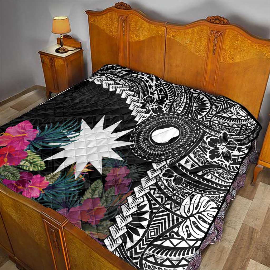 Black Nauru Quilt Naoero Map With Polynesian Tropical Flowers LT14 - Polynesian Pride