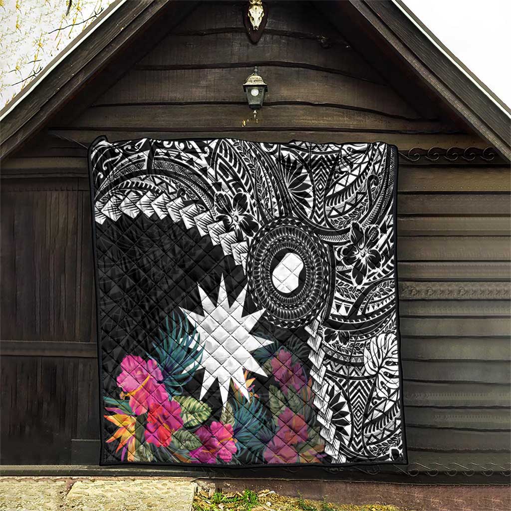 Black Nauru Quilt Naoero Map With Polynesian Tropical Flowers LT14 - Polynesian Pride