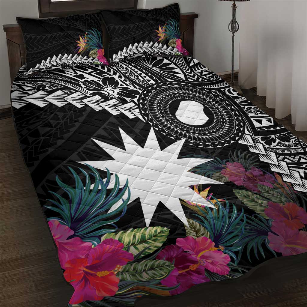 Black Nauru Quilt Bed Set Naoero Map With Polynesian Tropical Flowers LT14 Black - Polynesian Pride