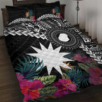 Black Nauru Quilt Bed Set Naoero Map With Polynesian Tropical Flowers LT14 Black - Polynesian Pride
