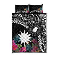 Black Nauru Quilt Bed Set Naoero Map With Polynesian Tropical Flowers LT14 - Polynesian Pride