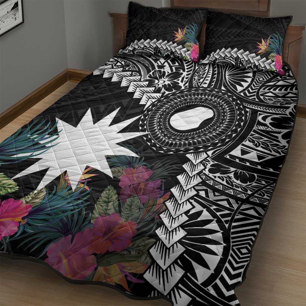 Black Nauru Quilt Bed Set Naoero Map With Polynesian Tropical Flowers LT14 - Polynesian Pride
