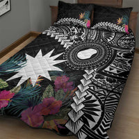Black Nauru Quilt Bed Set Naoero Map With Polynesian Tropical Flowers LT14 - Polynesian Pride
