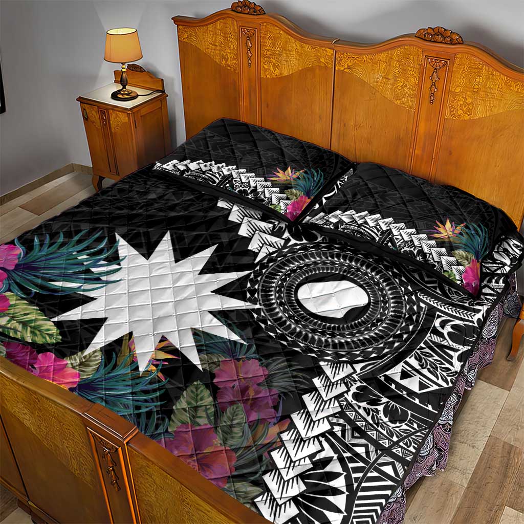 Black Nauru Quilt Bed Set Naoero Map With Polynesian Tropical Flowers LT14 - Polynesian Pride