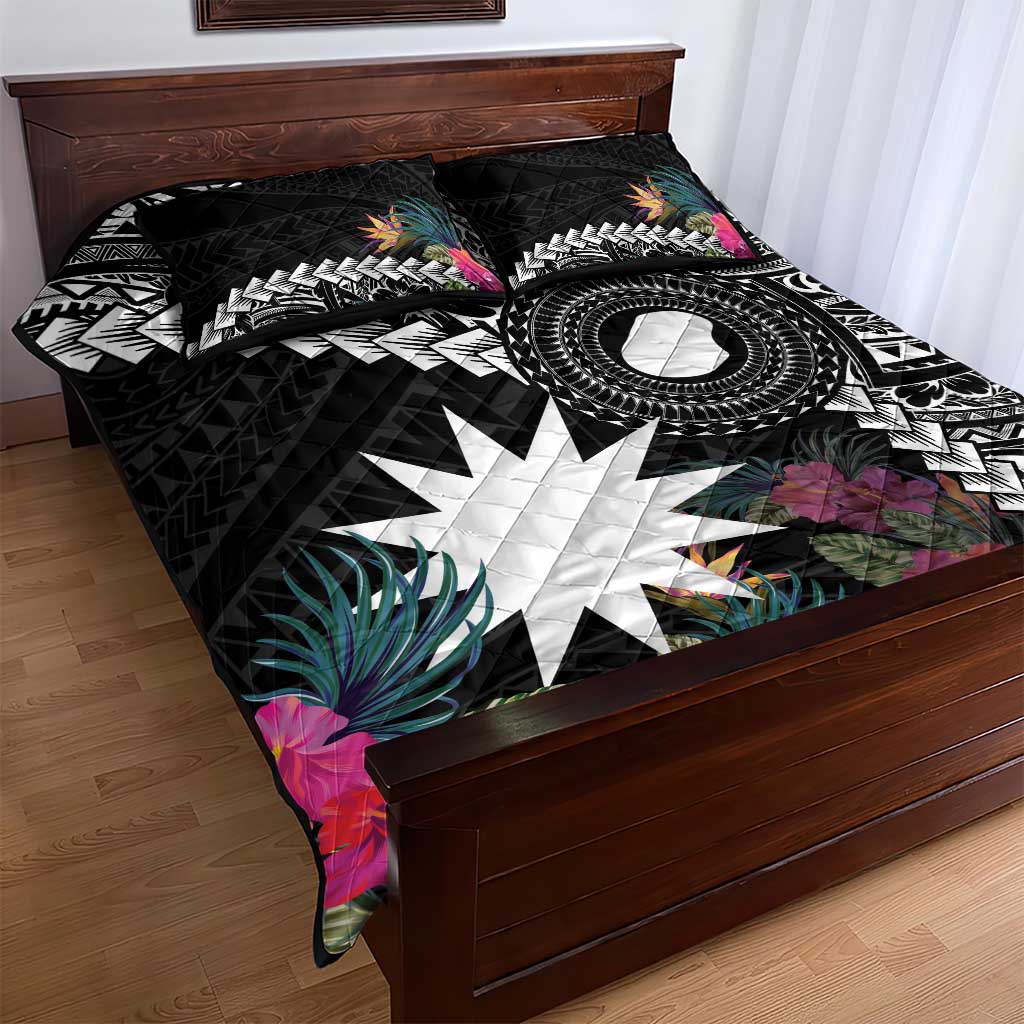 Black Nauru Quilt Bed Set Naoero Map With Polynesian Tropical Flowers LT14 - Polynesian Pride