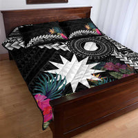 Black Nauru Quilt Bed Set Naoero Map With Polynesian Tropical Flowers LT14 - Polynesian Pride
