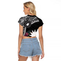 Black Nauru Raglan Cropped T Shirt Naoero Map With Polynesian Tropical Flowers LT14 - Polynesian Pride