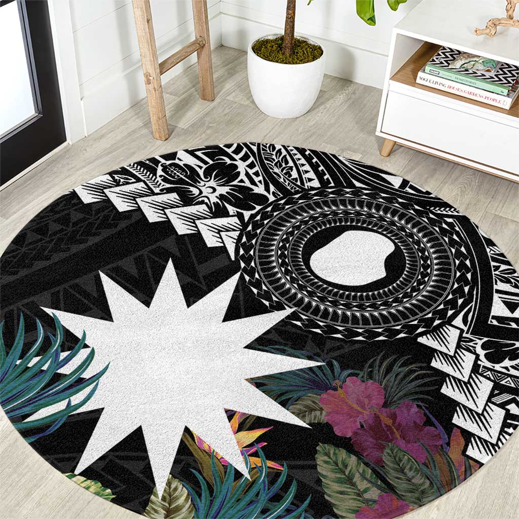 Black Nauru Round Carpet Naoero Map With Polynesian Tropical Flowers LT14 Black - Polynesian Pride