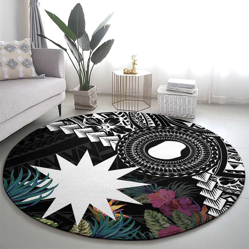 Black Nauru Round Carpet Naoero Map With Polynesian Tropical Flowers LT14 - Polynesian Pride