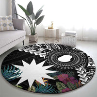 Black Nauru Round Carpet Naoero Map With Polynesian Tropical Flowers LT14 - Polynesian Pride