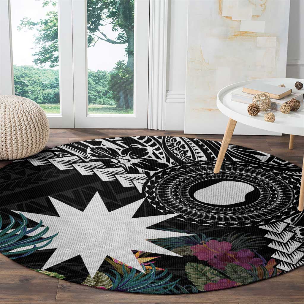Black Nauru Round Carpet Naoero Map With Polynesian Tropical Flowers LT14 - Polynesian Pride