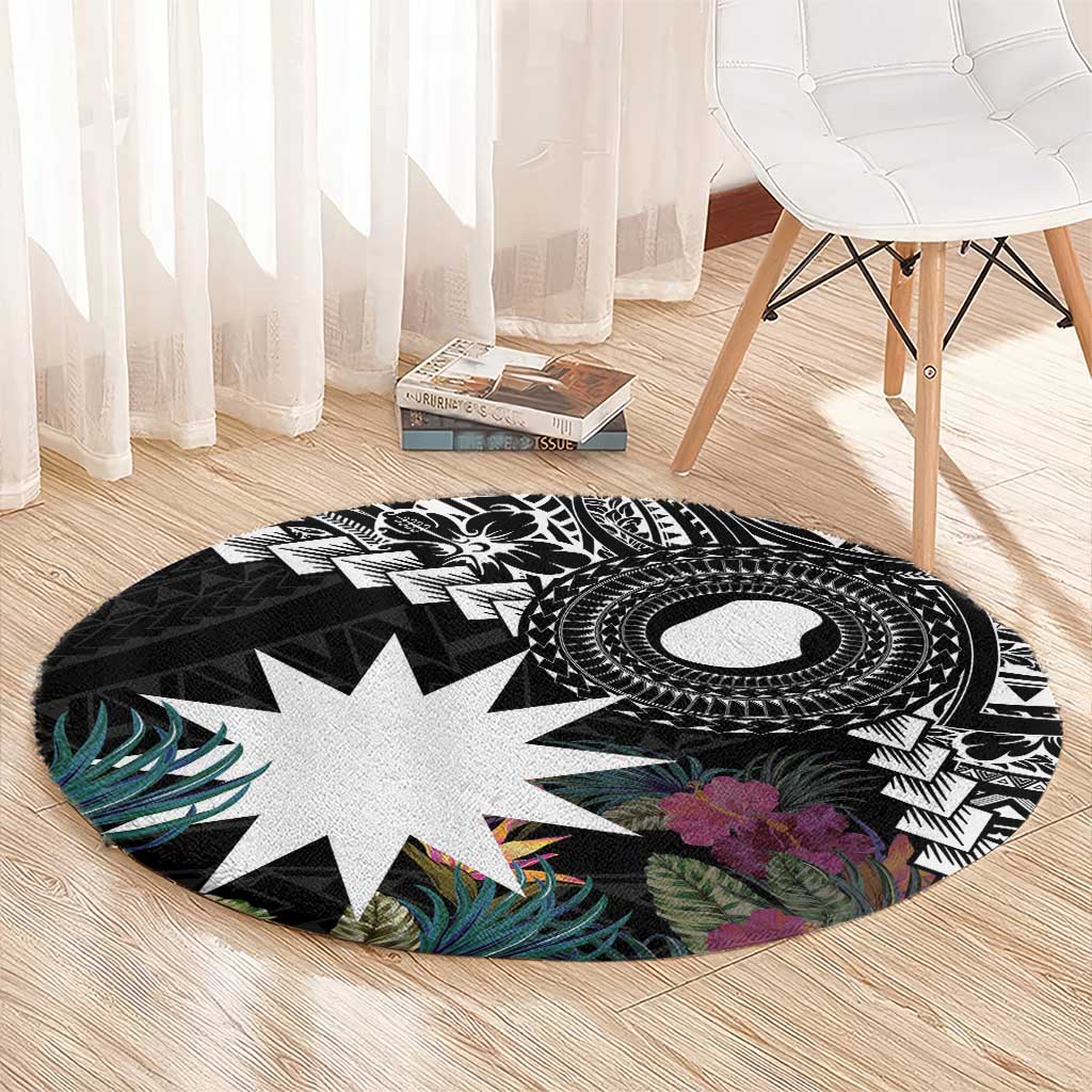 Black Nauru Round Carpet Naoero Map With Polynesian Tropical Flowers LT14 - Polynesian Pride