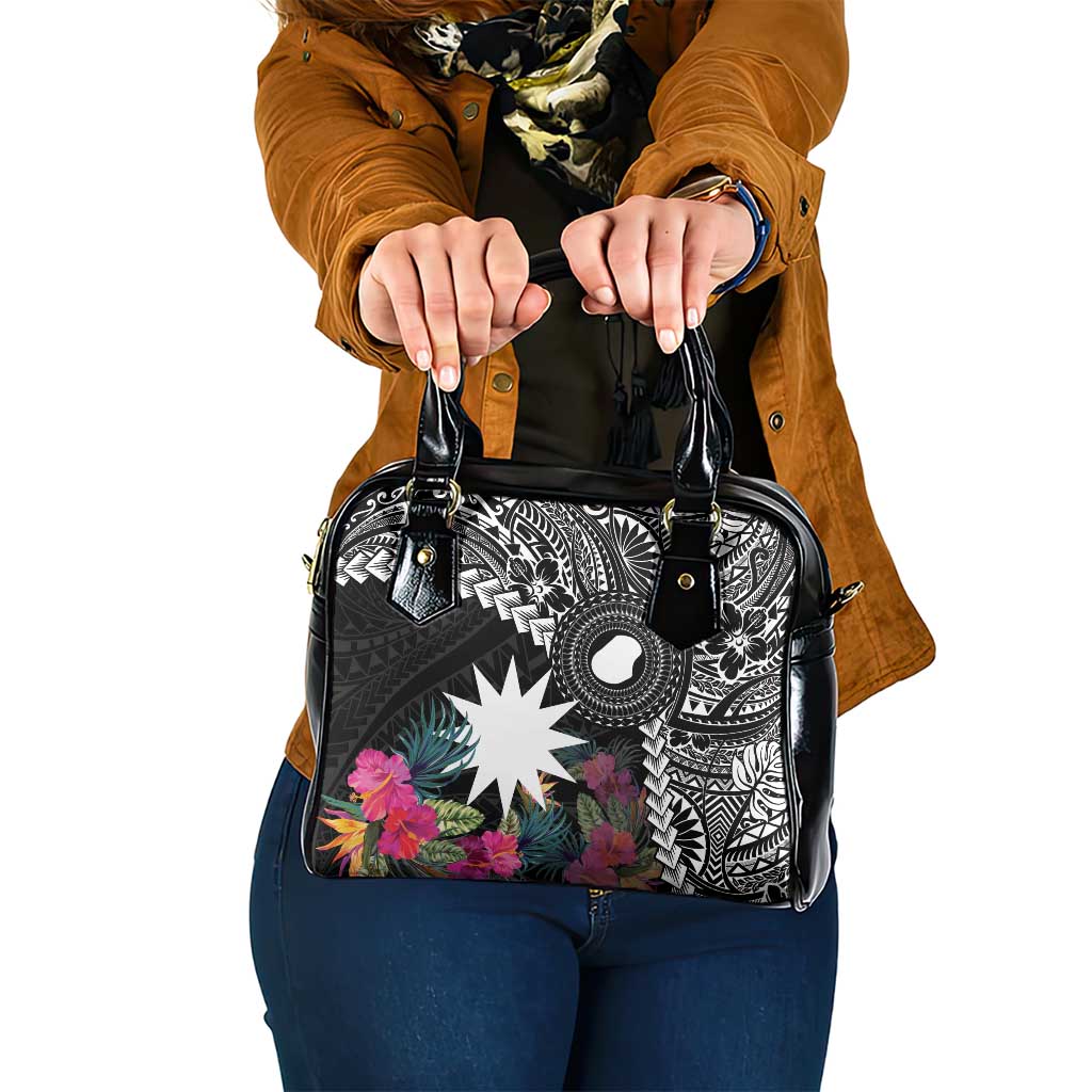 Black Nauru Shoulder Handbag Naoero Map With Polynesian Tropical Flowers LT14 One Size Black - Polynesian Pride