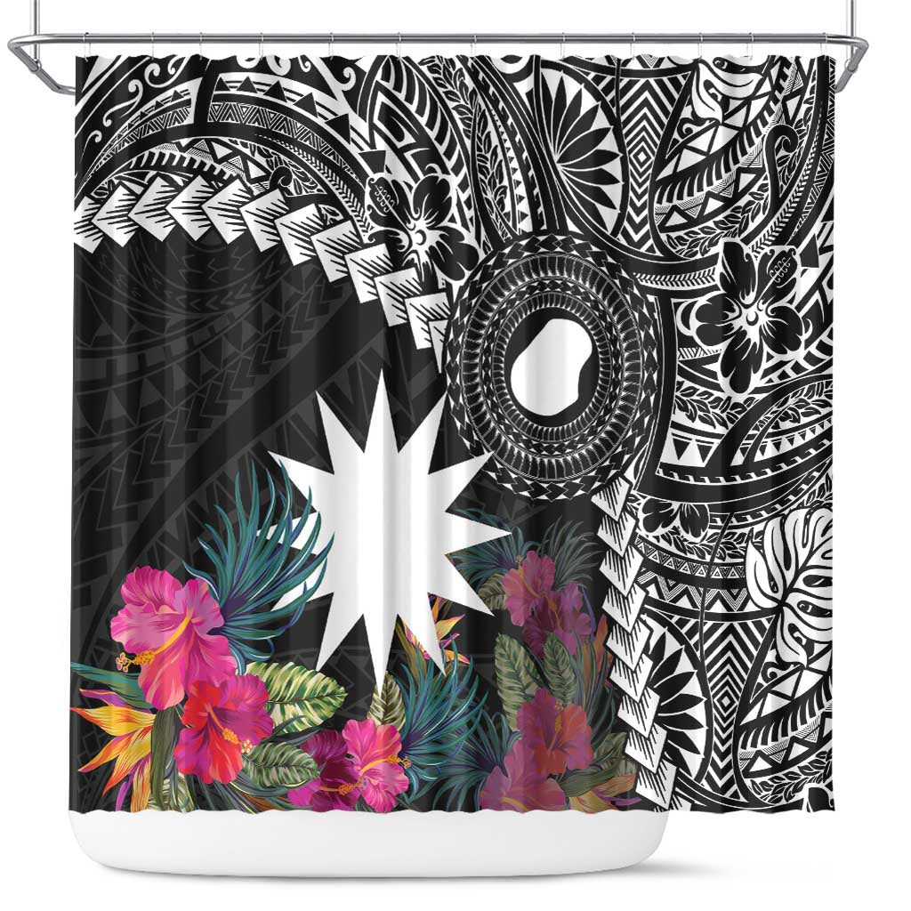Black Nauru Shower Curtain Naoero Map With Polynesian Tropical Flowers LT14 Black - Polynesian Pride