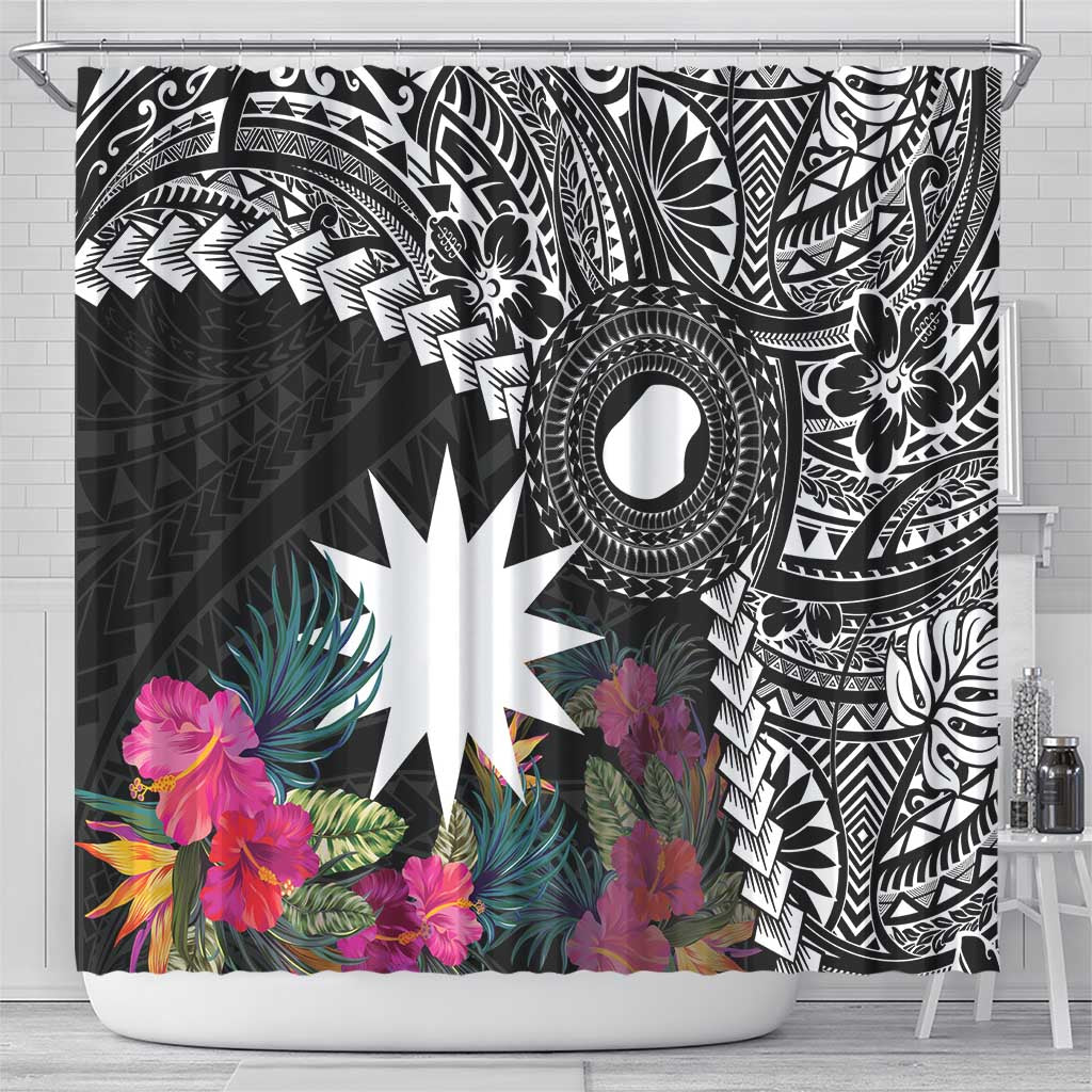 Black Nauru Shower Curtain Naoero Map With Polynesian Tropical Flowers LT14 - Polynesian Pride