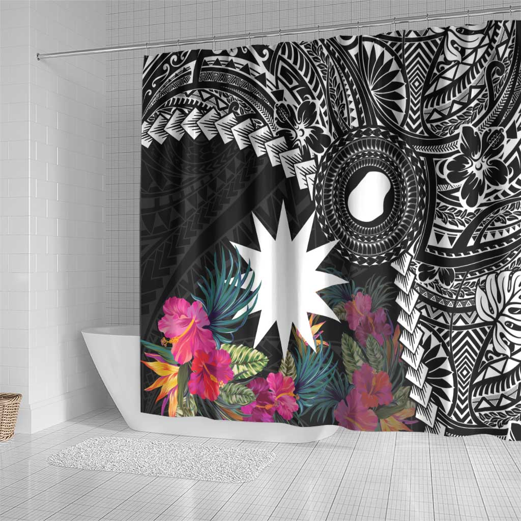 Black Nauru Shower Curtain Naoero Map With Polynesian Tropical Flowers LT14 - Polynesian Pride