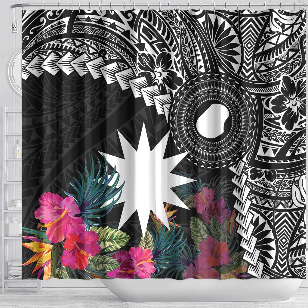 Black Nauru Shower Curtain Naoero Map With Polynesian Tropical Flowers LT14 - Polynesian Pride