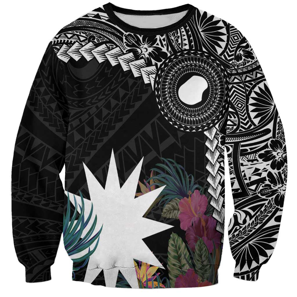 Black Nauru Sweatshirt Naoero Map With Polynesian Tropical Flowers LT14 Unisex Black - Polynesian Pride